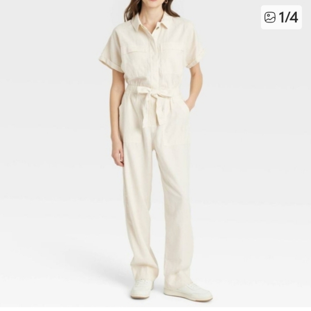 Universal Thread Cream Linen Blend Boiler Jumpsuit